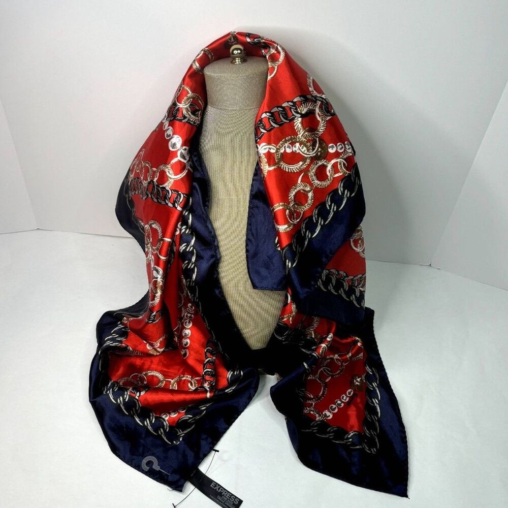Express Silk Square Monogram Logo Chain Multicolor Scarf Womens Blue Red NWT - Picture 7 of 10
